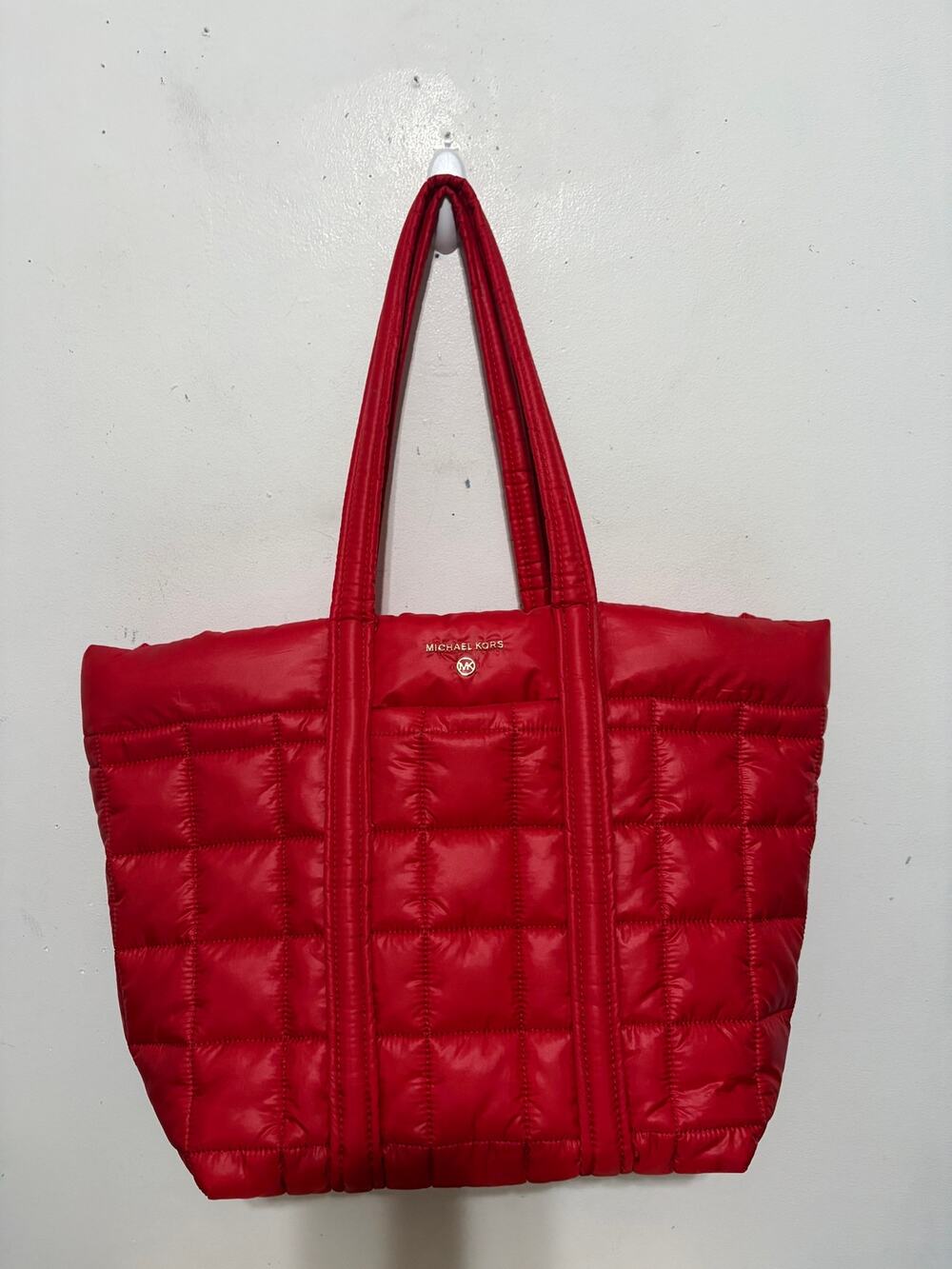 Michael Kors Red Quilted Puffer Tote Bag Large Nylon Shoulder Purse NWOT Travel